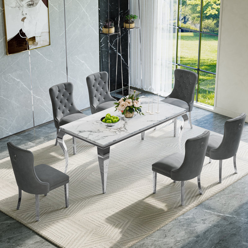7-Piece Dining Table Set, Marble Veneer MDF Dining Table, With 6 Velvet Dining Chairs, Gray/Silver, Silver