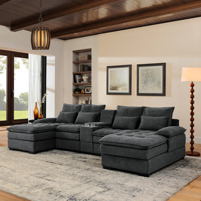 130" U-Shaped Sofa With Console,Cupholders,6-Seat Upholstered Primary Living Space Furniture,Sleeper Couch Set With Chaise For Living Room,Apartment,