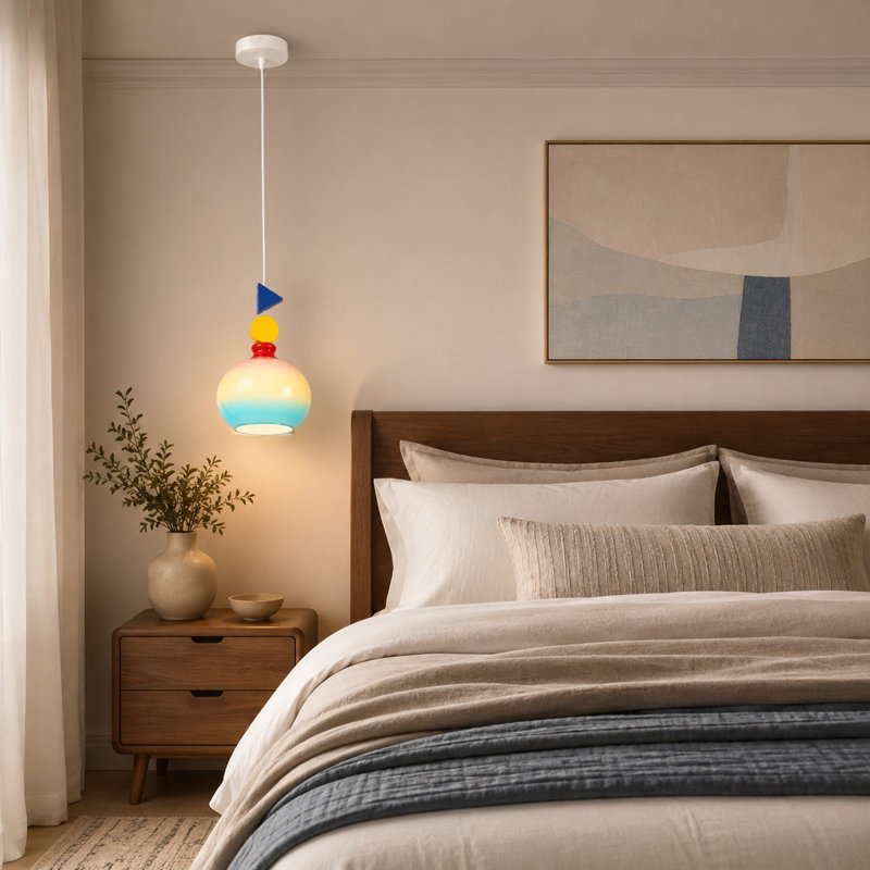 Luminaire suspendu coloré en verre, luminaire suspendu géométrique 1 lumière avec cordon réglable et ampoule E26 3 couleurs incluse