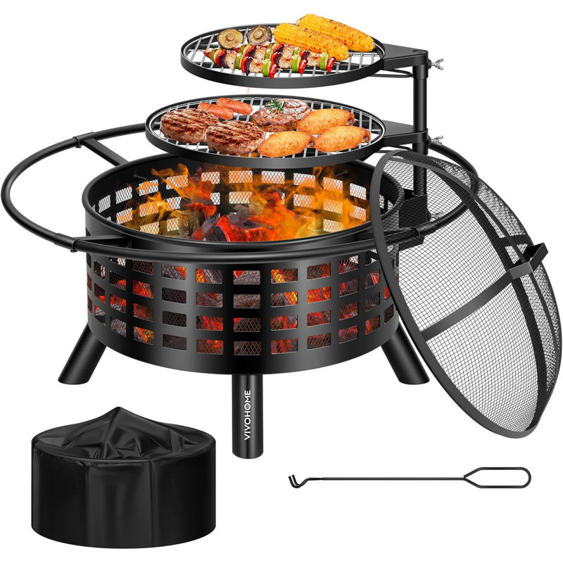 36-Inch Black Metal Round Fire Pit with Dual Grills