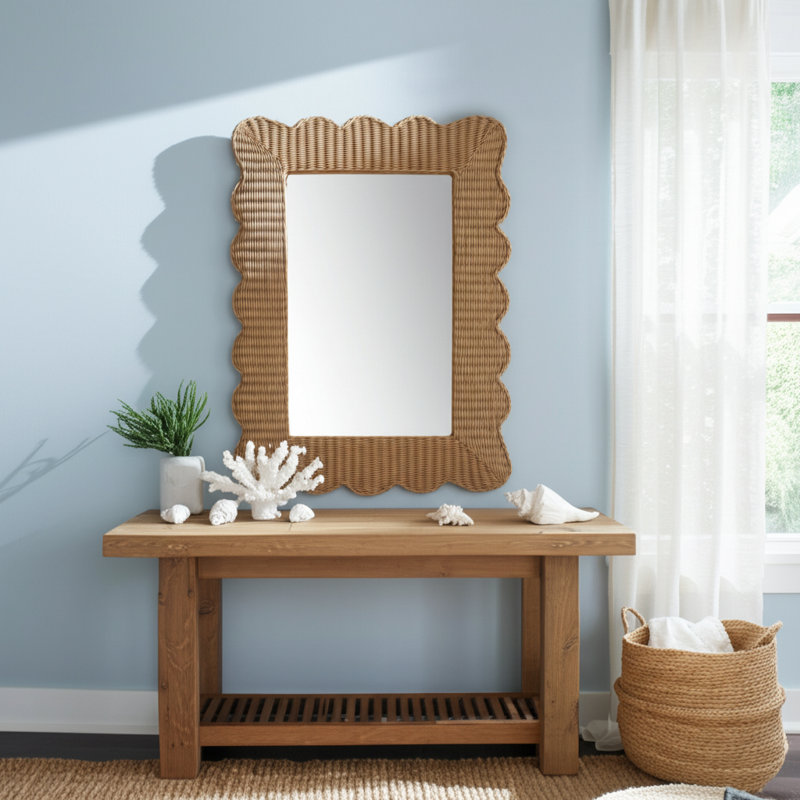 Mirror Woven Wicker Scalloped Edge Coastal Casual Wall Decor For Home Office Bedroom Living Room - 44" Tan
