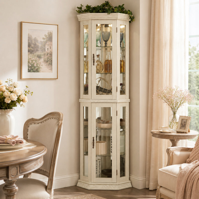Vitrine de coin lumineuse classique avec tablettes réglables en verre, blanc, Blanc