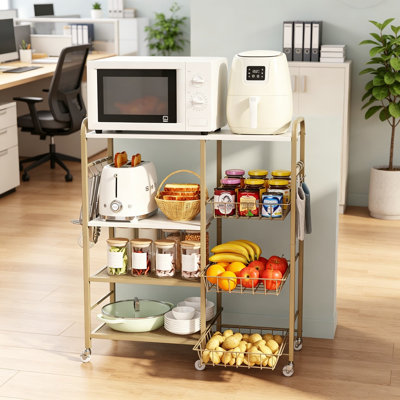 4-Tier Rolling Kitchen Microwave Cart with Pull-Out Baskets, Coffee Bar Baker's Rack, Heavy-Duty Storage Organizer Shelf on Wheels for Living Room, Office, Balcony, Gold