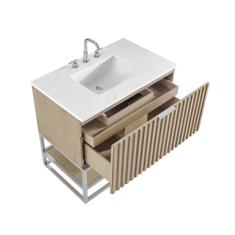 Terra 36'' Single Bathroom Vanity with Top, Cashmere Gray, Brushed Nickel, Calacatta Quartz/Widespread Faucet Mount