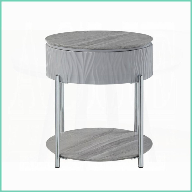 Table basse moderne grise ultrabrillante avec pieds en métal chromé - Rangement encastré compact
