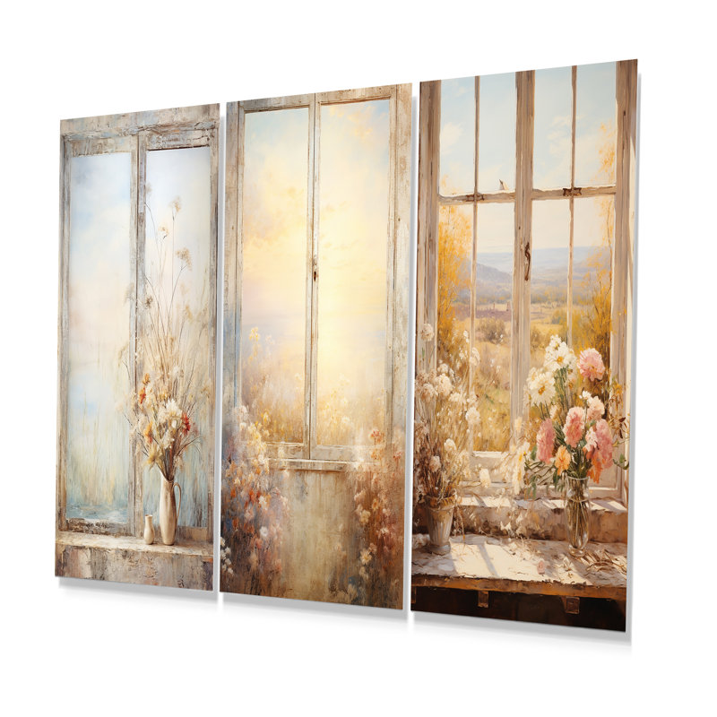 «Vintage Floral Meadow Windows View I - Floral Window», ensemble de 3 reproductions d'art en métal, H 32 po x l 48 po
