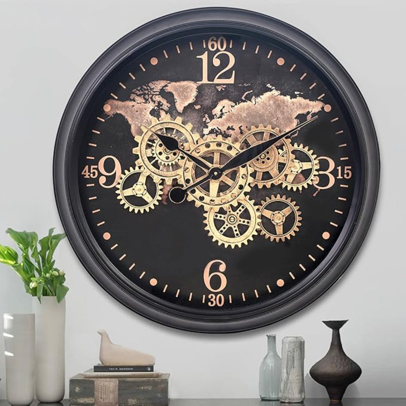 Horloge murale CLXEEST 24 pouces avec motif de carte du monde, grande horloge murale en métal doré noir pour décor de salon de campagne moderne, Reloj De Pared Para Sala