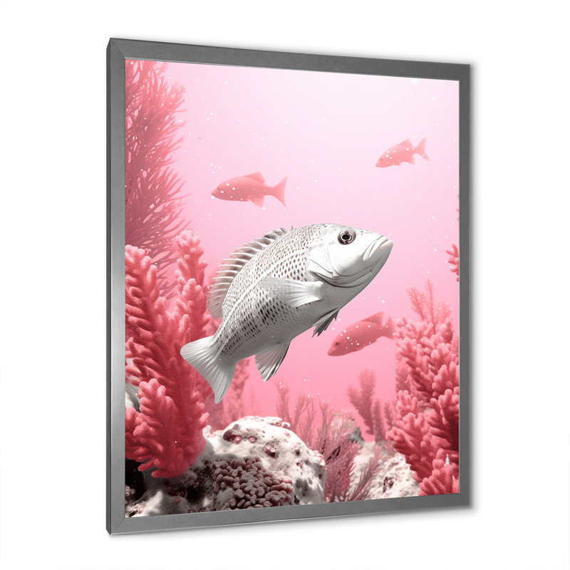 Rampe de poissons monochrome rose et blanche, H 44 po x l 34 po x P 1,5 po, Cadre simple noir