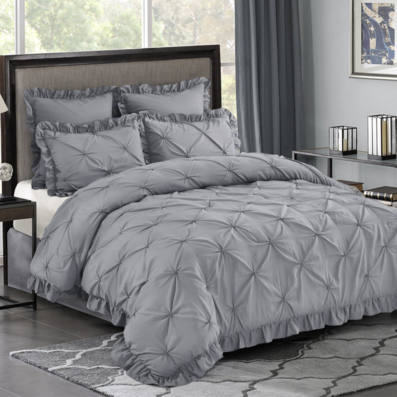 Ensemble d'édredon 5 pièces princesse romantique Pintuck, Gris, Édredon pour lit grand + quatre taies décorative