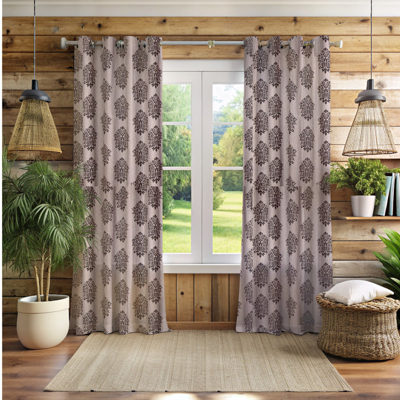 Burlap Print Cotton Light Filtering Grommet Curtain with Cotton Lining for Bedroom, 51" W x 84" L, Gray/Black