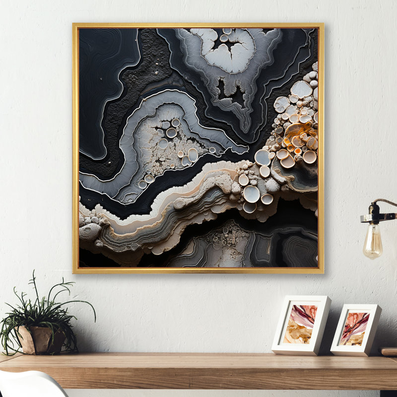 «Grey Stone Geode Minimalisme I», reproduction sur toile, Cadre flottant doré, H 16 po x l 16 po x P 1 po