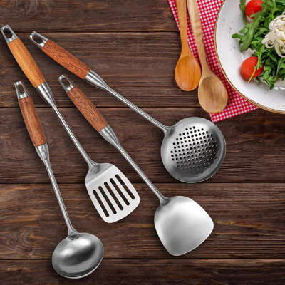 18/10 Stainless Steel Wok Utensil Set - 4 Pcs Professional Kitchen Cooking Tools With Wooden Handles