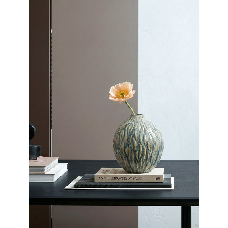 Vase décoratif en céramique marbré D6.5x7.5 "- Ambre et gris anthracite