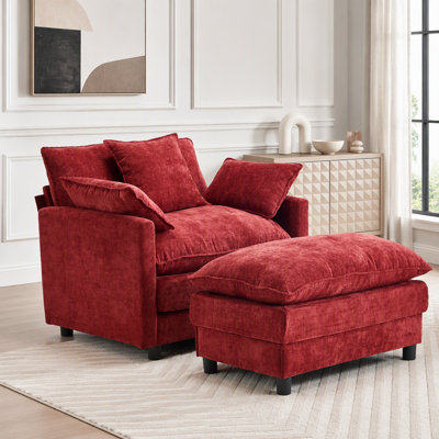 Modern Accent Chair with Ottoman, Plush Chenille Upholstery, and Solid Wood Frame