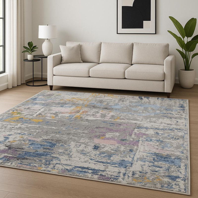 Tapis bleu abstrait noué à la main 8 pi x 10 pi