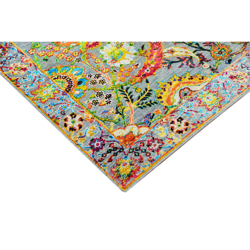 Tapis oriental vert / orange / jaune en laine / soie noué à la main Rectangle, Rectangle 6 pi x 9 pi