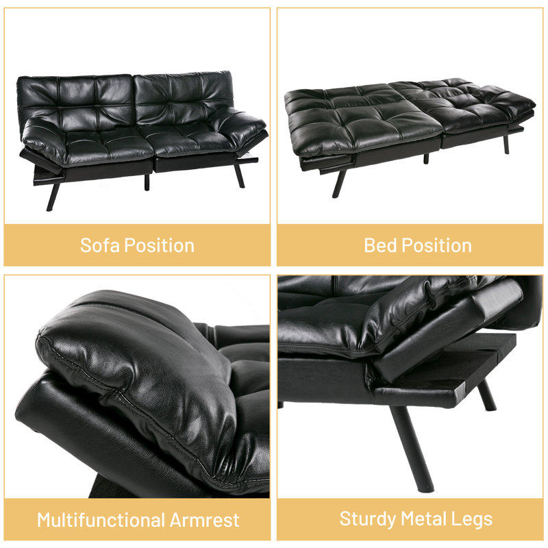 71'' Wide Faux Leather Futon Sofa Bed Couch with Adjustable Armrests for Living Room