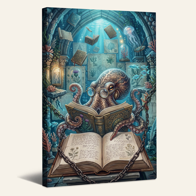 Art mural sur toile "Schole Octopus lecture en bleu sous l'eau", H 48 po x l 36 po