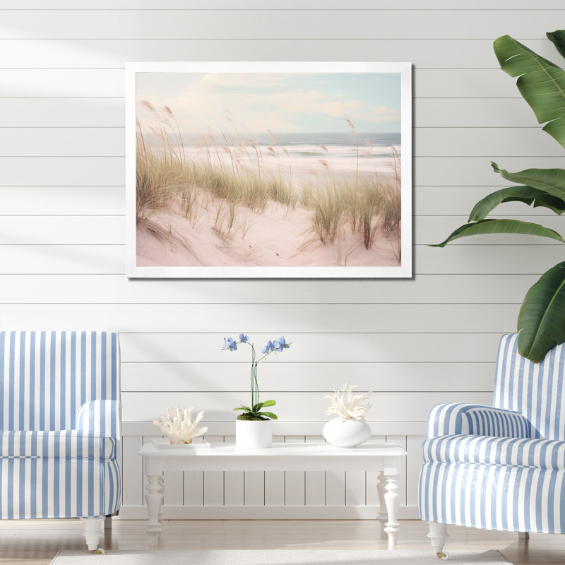 «Ocean Spring Bliss Tender Pastel Beach Grass» - art mural de plage côtière pour le salon, Cadre simple blanc