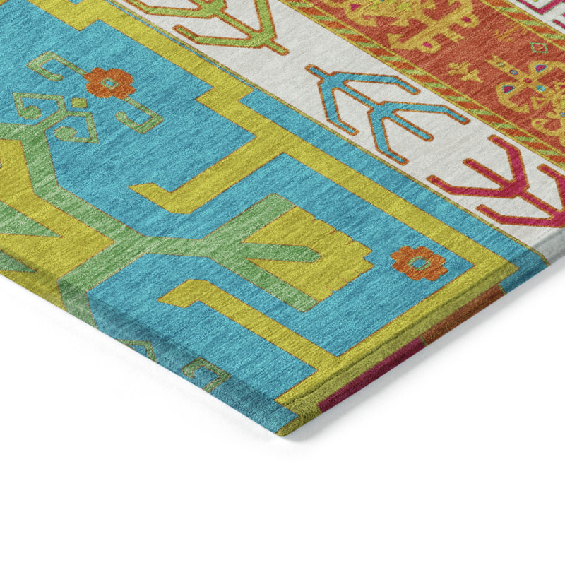 3' X 5' Teal Blue Green And Pink Aztec Washable Indoor Outdoor Area Rug
