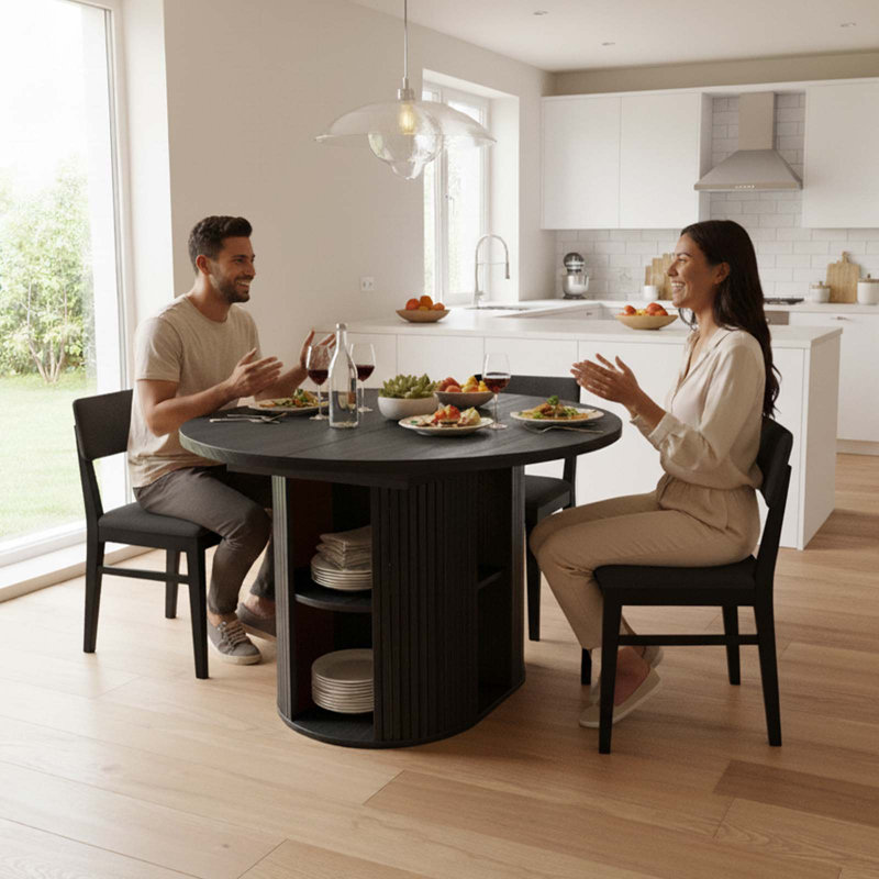 Table de salle à manger ronde extensible de 43,3 po à 59 po pour 4 à 8 personnes, table de salle à manger extensible encastrée moderne avec tablette de rangement