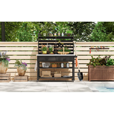 K&K 64.9"H Outdoor Potting Bench Table with Lockable Wheels, Solid Wood Outdoor Kitchen Island with Upper Hutch