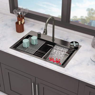 Évier de cuisine à cascade encastré en acier inoxydable noir Gunmetal