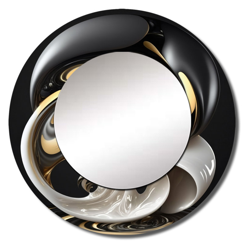Rachiel liquide blanc vitrail I - grand miroir spirales abstraites, décor de miroir mural rond doré unique, art imprimé en métal
