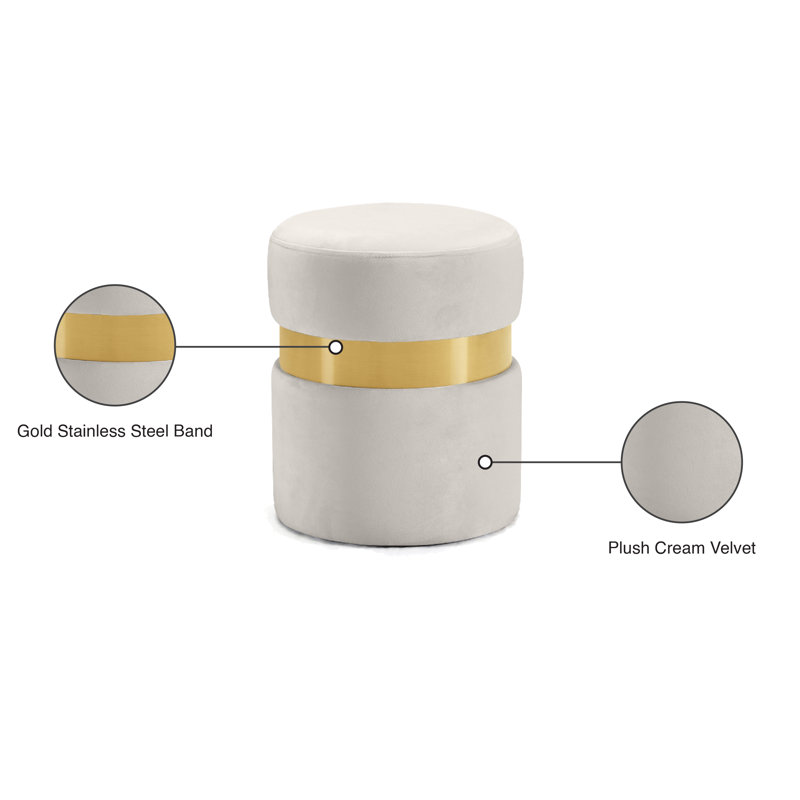 Hailey 14.5" Wide Velvet Round Cocktail Ottoman, Gold, Cream Velvet