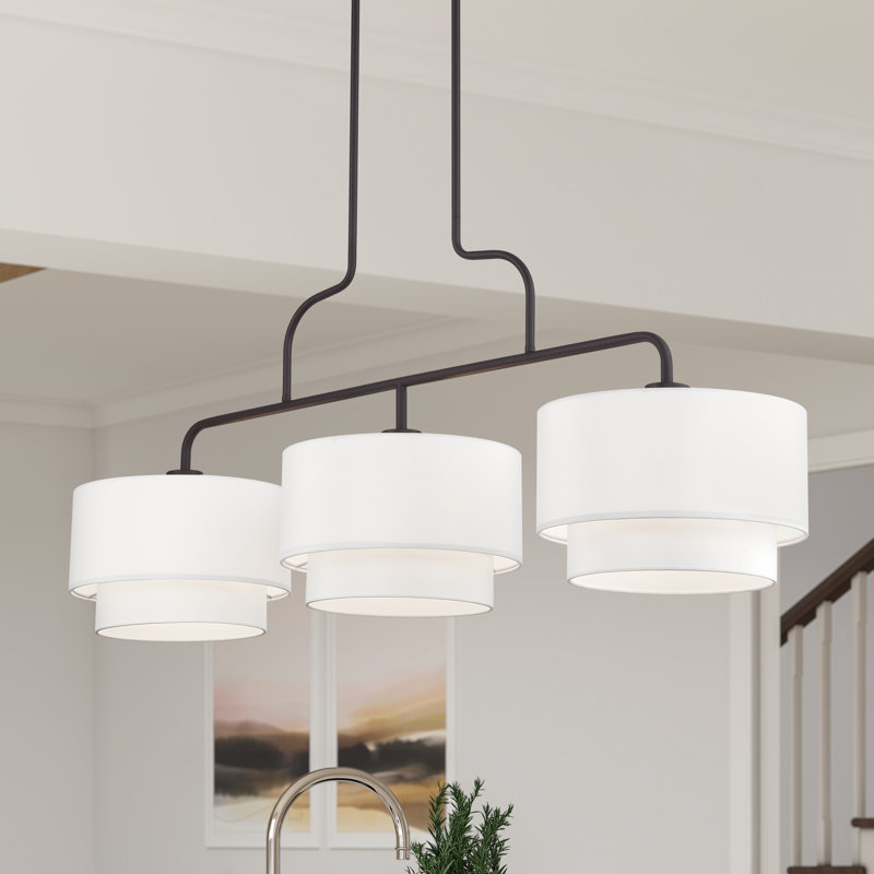 Lustre linéaire extra large en or doux 3 lumières avec abat-jour en tissu blanc cassé fabriqué à la main, Bronze