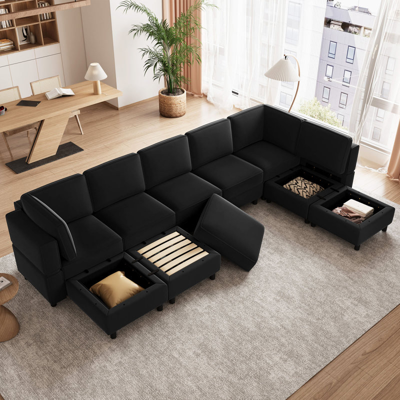 Sectional Sofa Livingroom Coner Couch With Storage Ottomans, Black Velvet
