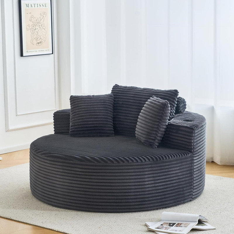 Méridienne ronde surdimensionnée de 55 po - Coussin de siège profond en velours côtelé avec porte-gobelets, sans assemblage