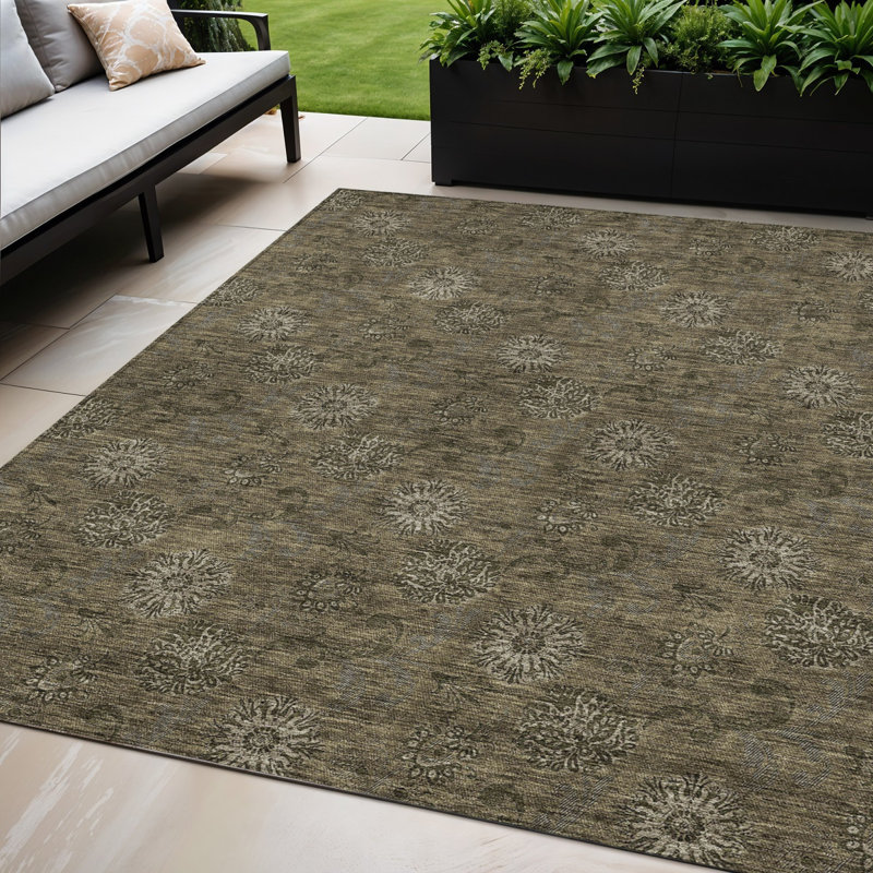 Tapis d'intérieur lavable à motif floral brun et beige 5 pi x 8 pi