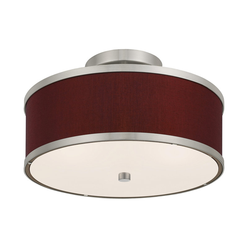 Plafonnier semi-encastré 2 lumières 13 po Berthine, Nickel brossé, Vin rouge, H 8 po x l 13 po x P 13 po