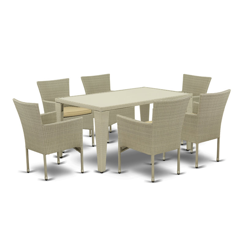 Ensemble de conversation pour patio 7 pièces composé d'une table de salle à manger rectangulaire en osier avec plateau en verre et 6 fauteuils de jardin avec coussin, lin naturel