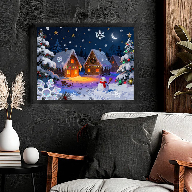 Impression sur toile encadrée noire, village de Noël impressionniste, nuit d'hiver enneigée, H 37 po x l 25 po