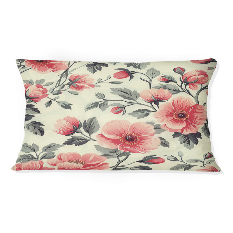 Coussins lombaires roses et verts à motif floral traditionnel I