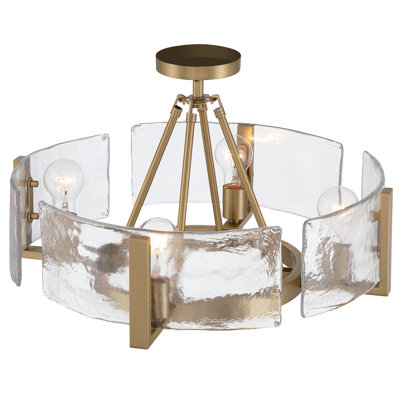  Plafonnier semi-encastré 4 lumières Vinesha en laiton brossé champagne avec verre d'eau martelé