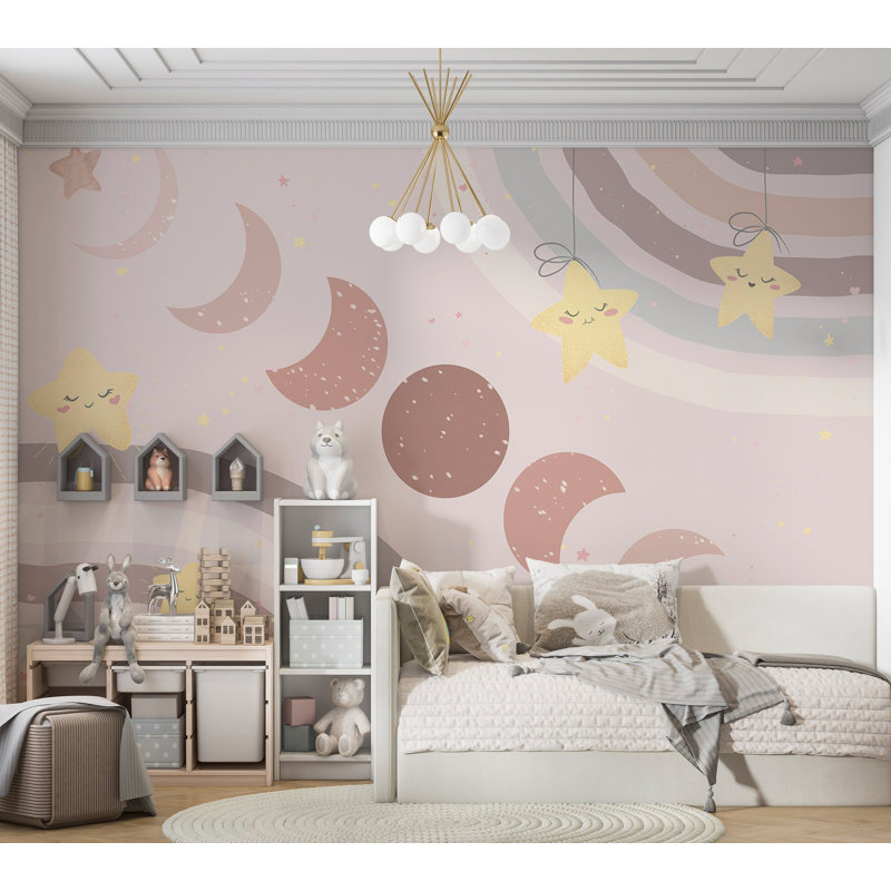 Papier peint pour enfants - Lune parmi les étoiles et les arcs-en-ciel, L 177 po x L 124 po