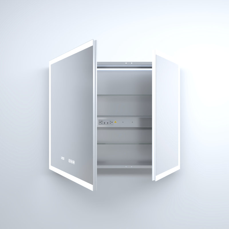 36 po Armoire à pharmacie rectangulaire en aluminium argenté encastré / à fixation en surface avec miroir haute définition l 30 po x H 30 po, DEL intégrée, dossier robuste, tablettes réglables, horloge de charge à détection automatique,