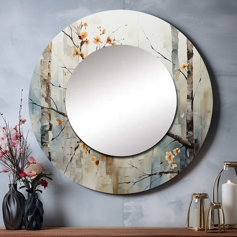 Shalla Birch Woods Ethereal Elegance III - grand miroir de bouleau, décor de miroir mural rond traditionnel traditionnel, impression d'art en métal