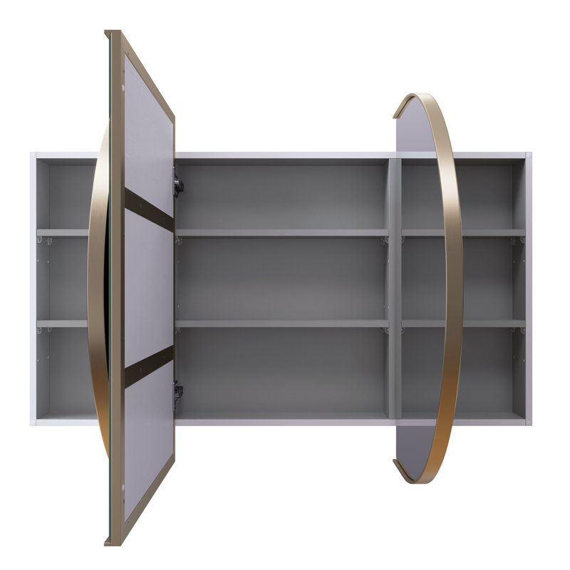 Three Door Steel Frame Pill Shape Medicine Cabinet, Satin Brass