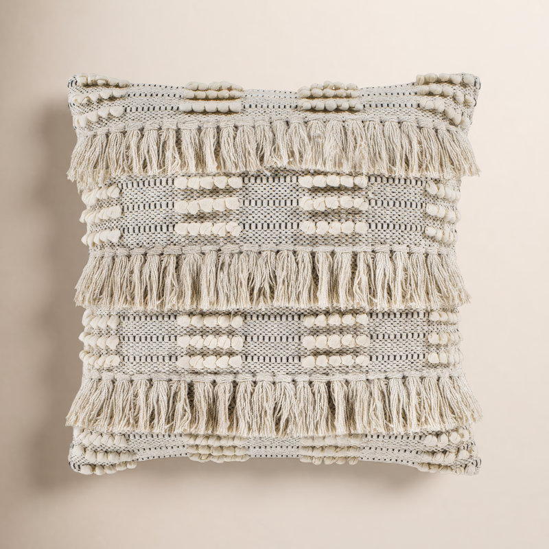 Venora Fringed Cotton Throw Pillow, 22" x 22", Down