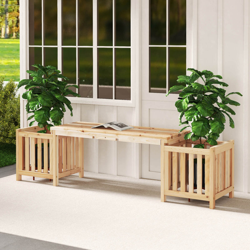 Patio Wooden Bench with Planter 2 Side Flower Box Slot Design for Easy Assembly