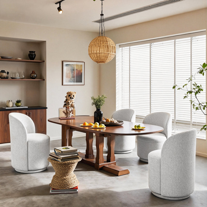 Modern Upholstered Chenille Swivel Barrel Dining Chair, Cream White, 1