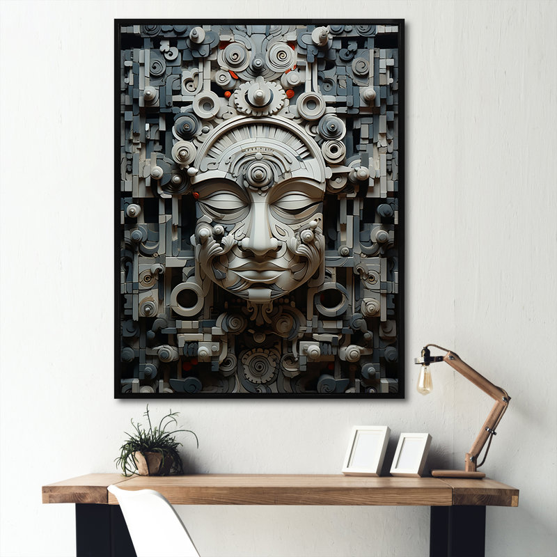 Minimalisme, art indien, masque sur toile, H 44 po x l 34 po x P 1,5 po, Cadre flottant noir