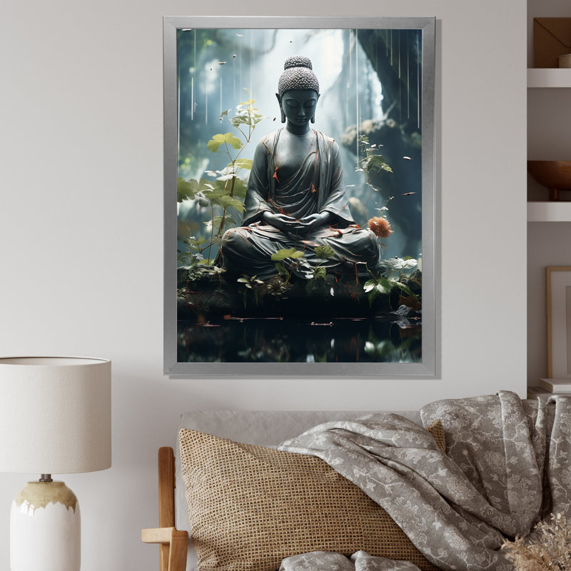 «Buddha Zen Traquil Meditation Garden», reproduction sur toile, Cadre simple argenté, H 40 po x l 30 po x P 1,5 po