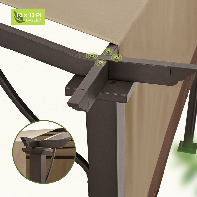 Pergola d'extérieur en aluminium 10 pi x 10 pi avec auvent légèrement arqué et abat-jour rétractable brun, 13,15 pi x 9,1 pi