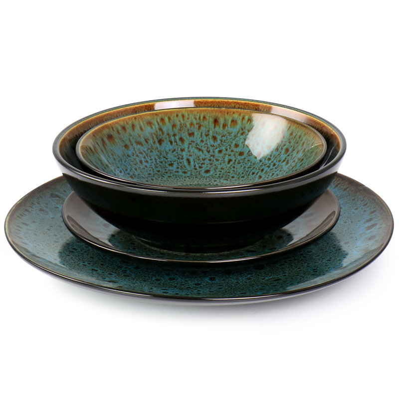 Kyoto Teal and Bronze Reactive Glaze Ceramic Dinnerware Set, Service for 4