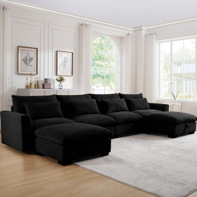 Big Deep Seat Corduroy Sectional, 4 Seater With 2 Storage Ottomans And Lumbar Pillows For Living Room, Black U-shaped Room Footrests Waist Pillows, Choice